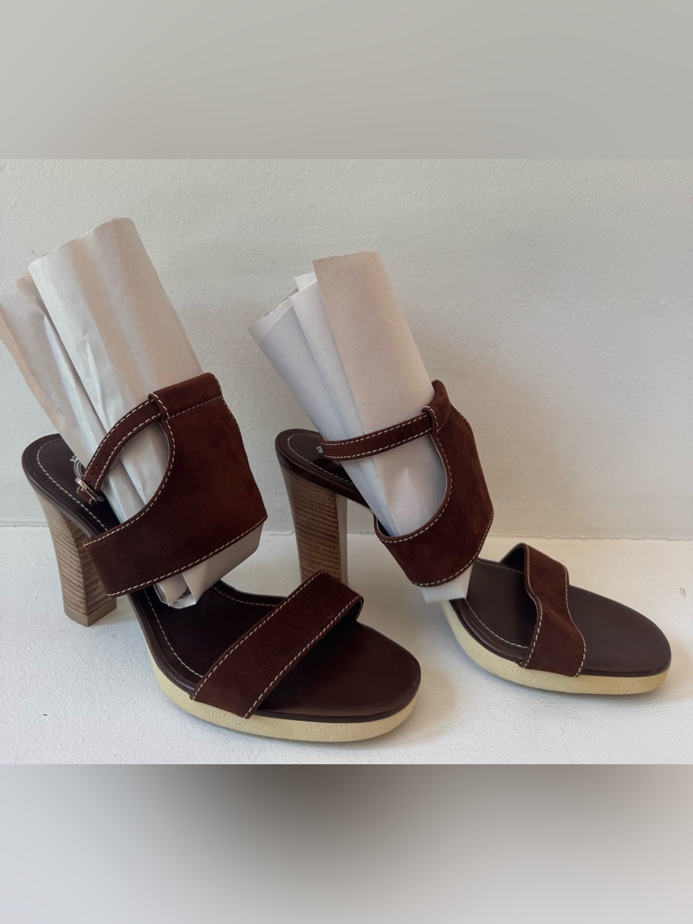 Tod's Suede Ankle Strap Block Heel Sandals Brown 7